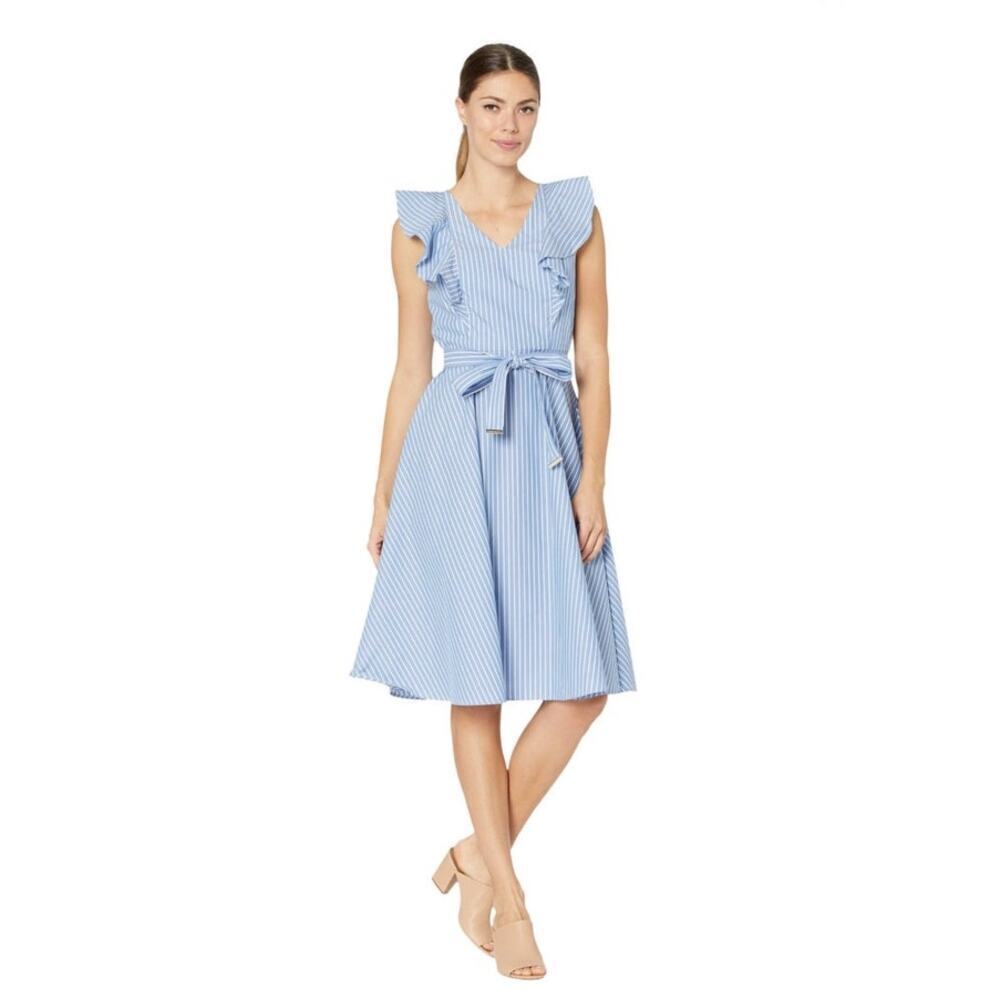 Tommy Hilfiger Women's Cotton Seersucker Style Midi Dress Ruffle Sleeve 12 NWT